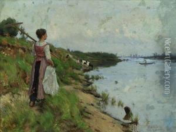 Girl By Riverside With Cows Oil Painting - Jozef Chelmonski