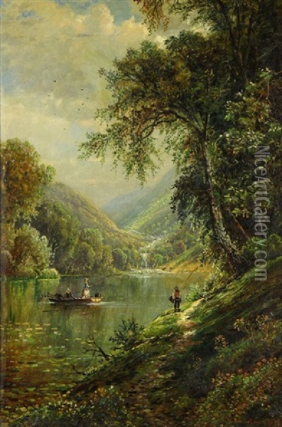 Landscape With Figures Fishing By A Stream Oil Painting - Edmund Darch Lewis