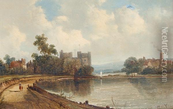 River Landscape With Castle Oil Painting - A.H. Vickers