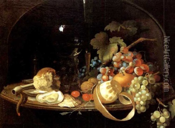 Still Life In A Niche With Fruit, Nuts, Oyster, Wine Goblet And Fluted Glass Oil Painting - Abraham Mignon