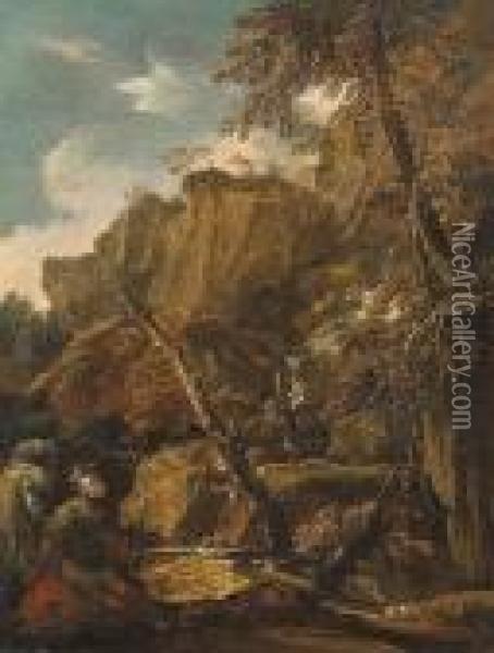 A Rocky River Landscape With A Soldier And His Horse In The Foreground Oil Painting - Salvator Rosa