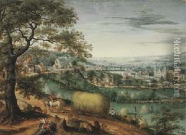 An Extensive River Landscape With Peasants Haymaking, A View Ofarenberg Castle Beyond Oil Painting - Frans I Francken