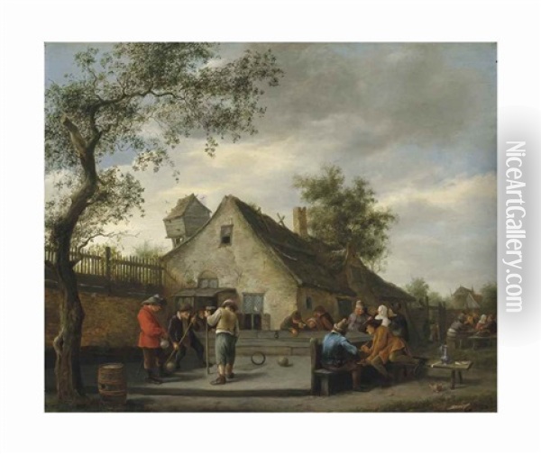 Boors Playing A Game Of Beugelenbefore A Country Inn, Onlookers Smoking Beyond Oil Painting - Jan Steen