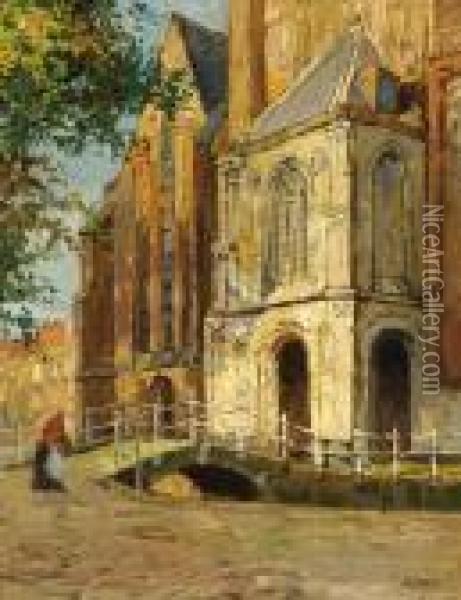 An Older Woman On A Bridge By The Church Of Delft Oil Painting - Bernard, Ben Viegers