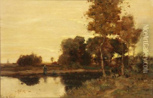 River Landscape With Figures Oil Painting - Frederick William Kost