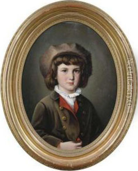 Portrait Of A Young Boy With A Fur Cap. Oil Painting - Anton Ebert