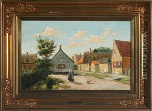 Small Village Life With A Woman And Her Goose Oil Painting - Carl Ove Julian Lund