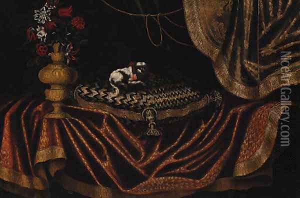 A toy spaniel on an embroidered cushion with a vase of flowers on a draped table Oil Painting - Antonio Gianlisi The Younger