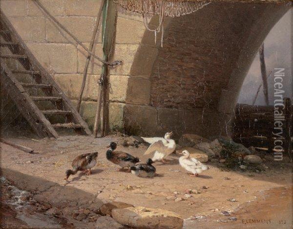 Canard Sous L'arche Du Pont Oil Painting - Theophile Victor Emile Lemmens
