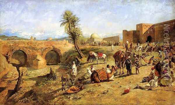 Arrival Of A Caravan Outside The City Of Morocco Oil Painting - Edwin Lord Weeks
