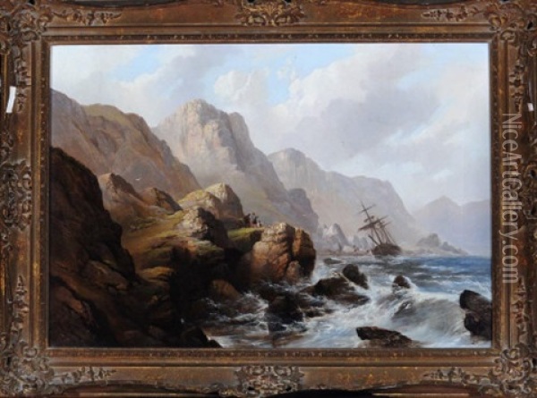 A View On The Scottish Coast With Figures In The Foreground Observing Salvagers And A Wrecked Ship Oil Painting - Edward Train