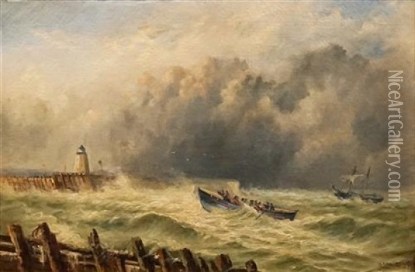 Two Ships On A Stormy Sea Oil Painting - Charles John de Lacy
