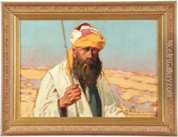 Portrait Of Man In Turban By Feliks Wygrzywalski Oil Painting - Feliks M. Wygrzywalski