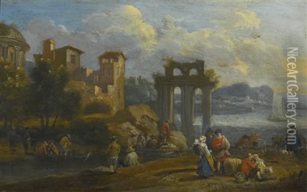 Figures In A Costal Landscape Resting Near Classical Ruins Oil Painting - Pieter Bout