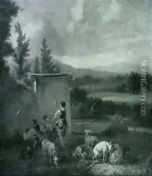 Southern Landscape With A Shepherd And Women By A Well Oil Painting - Hendrick Mommers