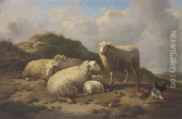 Sheep And Chickens In A Landscape Oil Painting - Frans Keelhoff