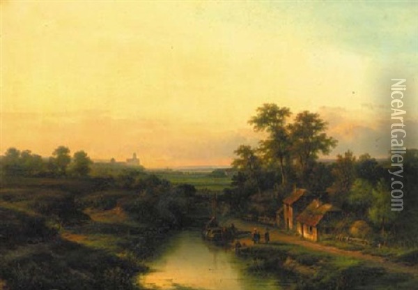 A Panoramic View Of A Wooded Valley At Dusk Oil Painting - Lodewijk Johannes Kleijn