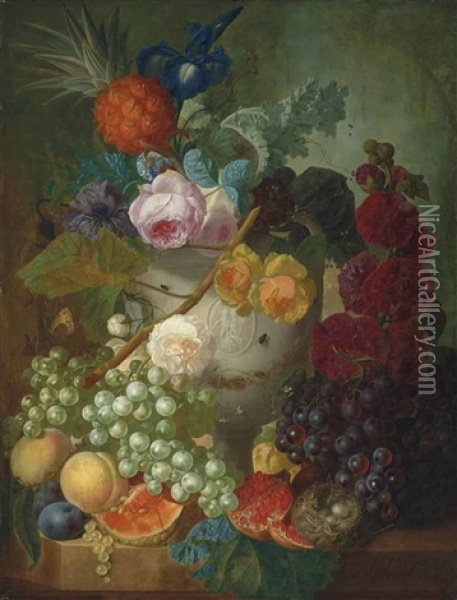 Peonies, Roses An Iris And Other Flowers In A Vase With Putti, With A Bird's Nest And Peaches, A Pineapple, A Pomegranate, Grapes And Other Fruit On A Stone Ledge Oil Painting - Jan van Os