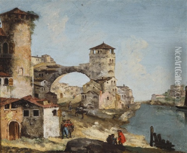 Capriccio Mit Einem Dorf Am Ufer Eines Flusses Oil Painting - Michele Marieschi
