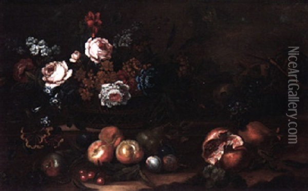 A Still Life Of Various Flowers In A Wicker Basket, Pomegranates, Apples, Pears, Cherries, Plums, Grapes, And A Melon Oil Painting - Pieter Casteels III