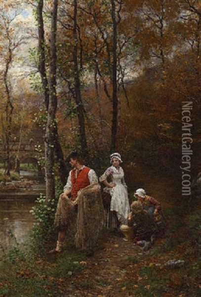 Fishing Along The Riverbank Oil Painting - Marie Francois Firmin-Girard
