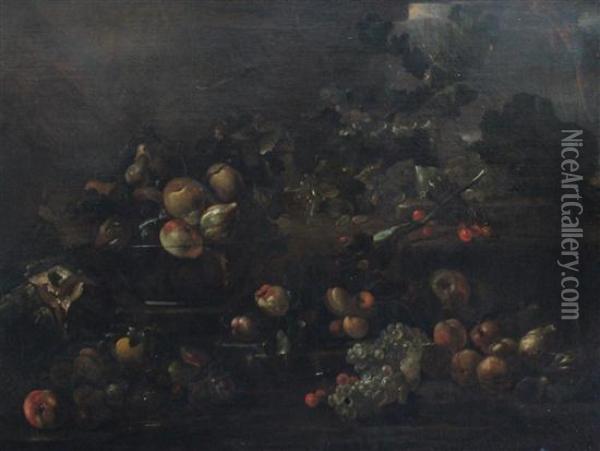 Still Life Of Fruit And A Glass Bowl On A Ledge Oil Painting - Giovan Battista Ruoppolo