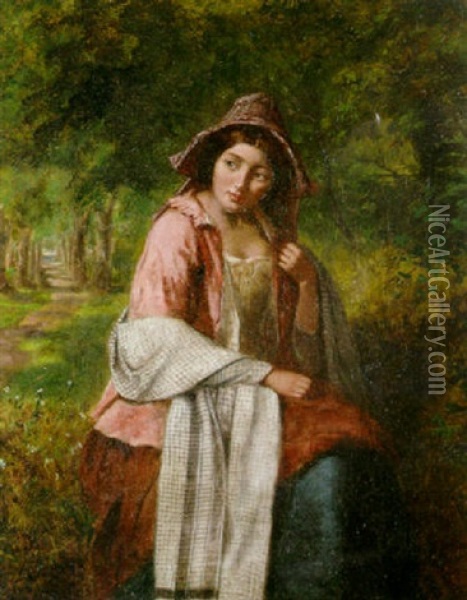 A Lady With A Pink Cloak And Bonnet In A Forest Oil Painting - Haynes King