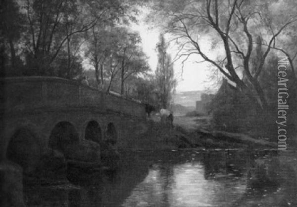 Landscape With Bridge And Cows Oil Painting - William Sidney Cooper