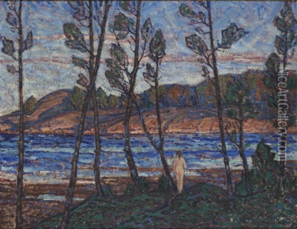 Baderska Vid Strandkanten Oil Painting - Rikard Lindstroem