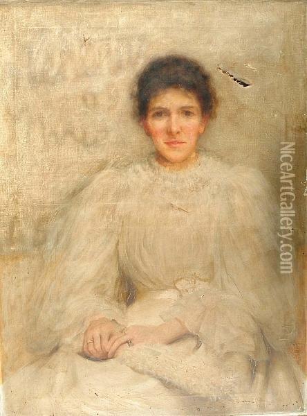 Portrait, Three Quarter Length, Of A Seated Lady Wearing A White Dress, Holding A Fan Oil Painting - Thomas Shields Clarke
