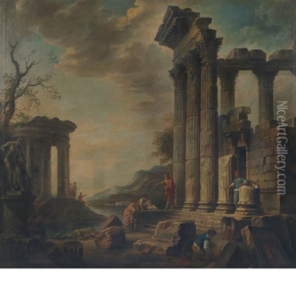 Capriccio Of Figures Among Ruins Oil Painting - Giovanni Paolo Panini