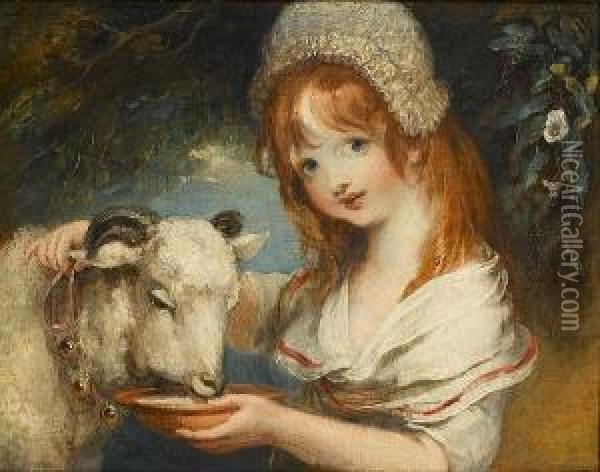 A Young Girl Feeding A Lamb; And A Young Boy Picking Grapes Oil Painting - William Hamilton