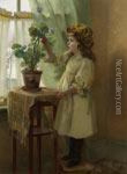 Young Girl With Geranium Oil Painting - Hamilton Hamilton