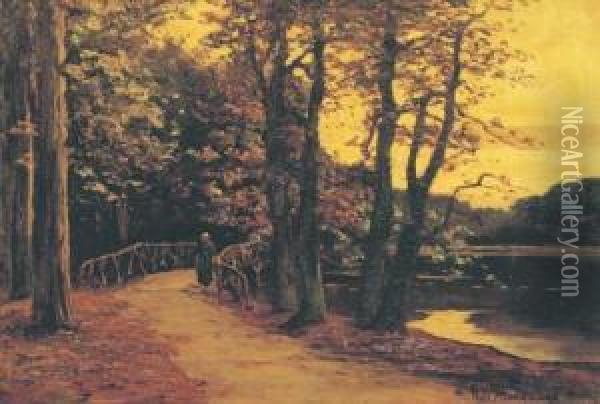 Avond Aan De Vijver: A Woman Strolling By A Lake At Dusk Oil Painting - Frits Mondriaan