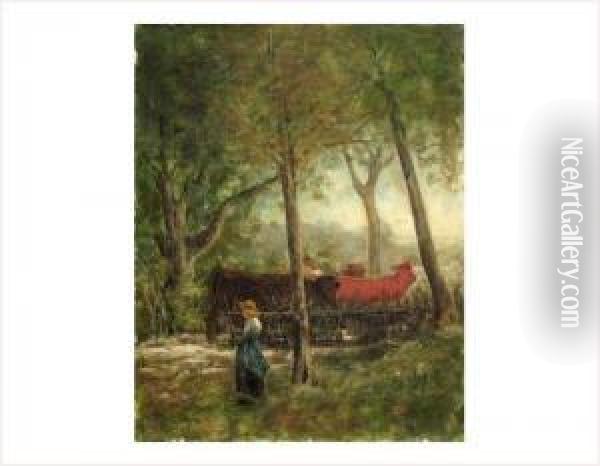 Vaches Et Gardienne Dans Un Sous-bois Oil Painting - Francois Vernay