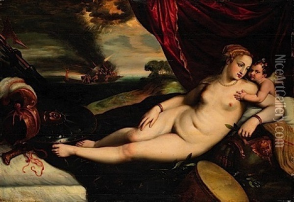 Venus Et L'amour Entoures D'attributs Militaires Oil Painting - Gillis Congnet the Elder