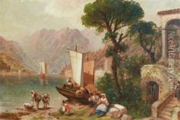 Peasants On An Italian Lake Oil Painting - Granville Perkins