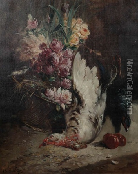 Nature Morte Avec Volaille Et Panier De Fleurs Oil Painting - Henry Schouten