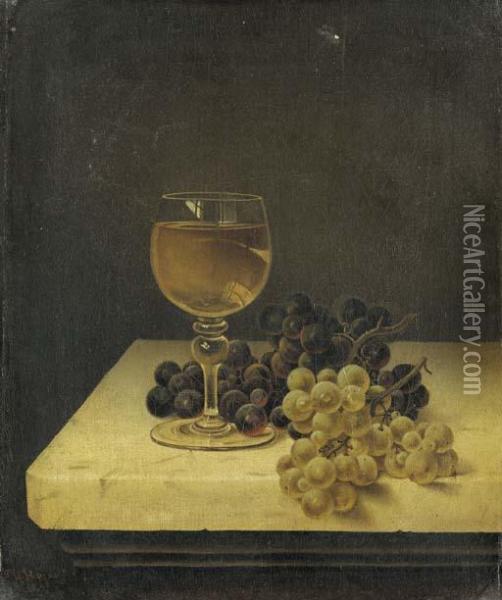 Still Life With Glass Of Wine And Grapes On A Marble Ledge Oil Painting - Thomas H. Hope