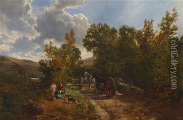 Figures And Wagons On A Road Oil Painting - George Vicat Cole
