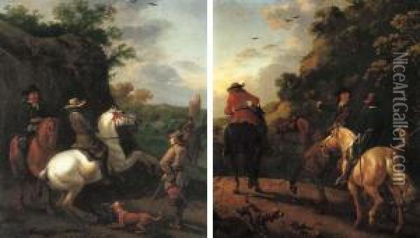 Huntsmen On Horseback With A Tower Beyond; And Huntsmen Onhorseback In A Landscape Oil Painting - Abraham Van Calraet