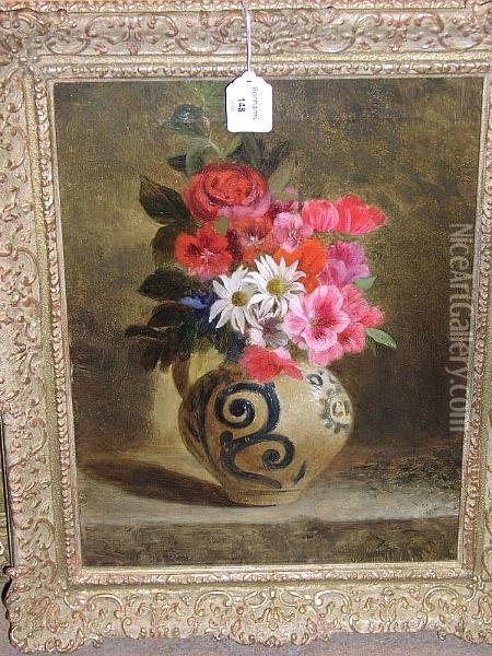 Still Life, Flowers In A Stoneware Jug Oil Painting - Annie Feray Mutrie