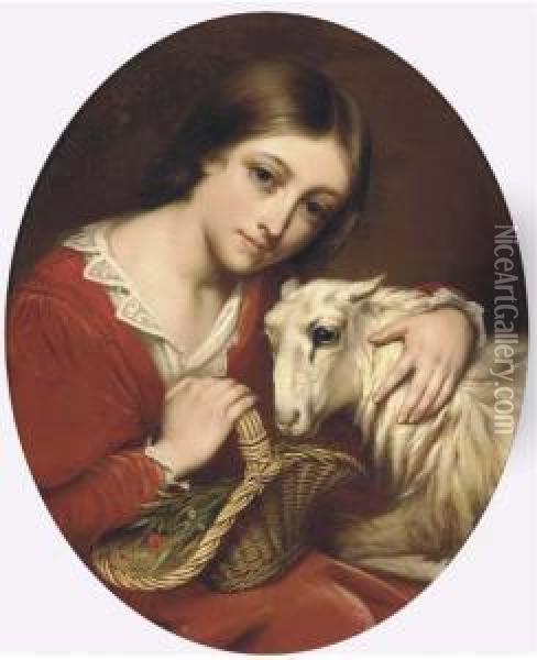 A Young Girl With A Sheep Oil Painting - Charles Verlat