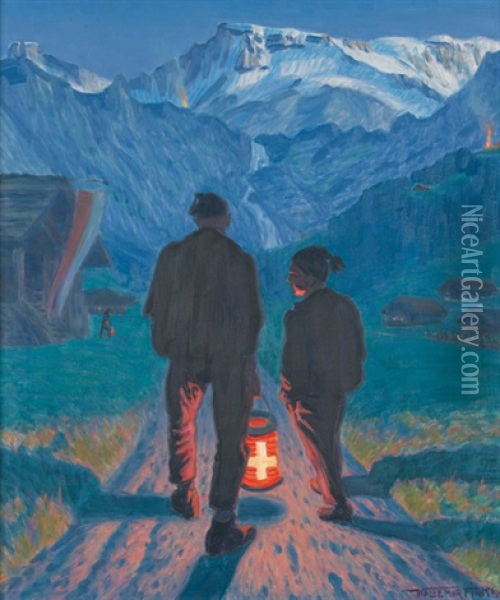 Grossvater Und Enkel Mit Lampion Am 1. August Oil Painting - Waldemar Theophil Fink