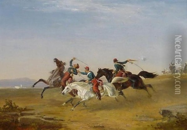 Schlacht In Der Wuste. Fluchtende Kavallerie Im Schuswechsel Mit Berittenen Arabern Oil Painting - Heinrich Lang