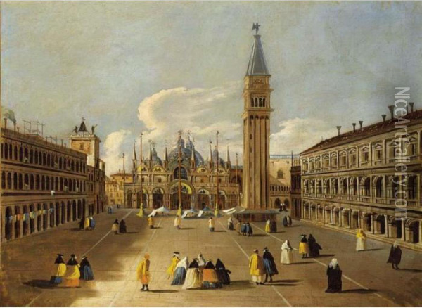 Venice: A View Of The Piazza San Marco With Elegant Figures Dressed In Carnival Costumes Oil Painting - (Giovanni Antonio Canal) Canaletto