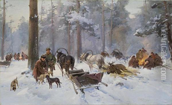 After The Elk Hunt Oil Painting - Ignacy (Czeslaw Wasilewski) Zygmuntowicz