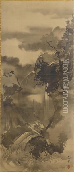 Wasserfall In Nebliger Gebirgslandschaft (+ Zwei Eremiten Und Ein Diener Beim Aufstieg Zu Einem Entlegenen Tempel; Pair) Oil Painting - Tani Buncho