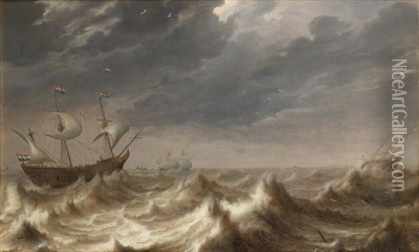 Dutch And Spanish Vessels In Choppy Waters Oil Painting - Pieter Mulier the Elder