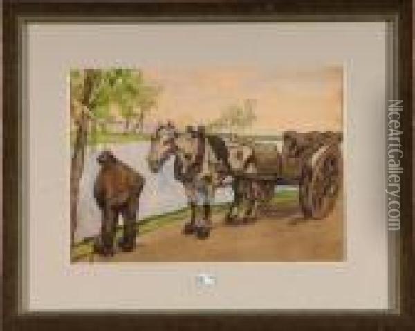 Paysan Et Son Cheval Au Bord Du Canal Oil Painting - Alfred Ost